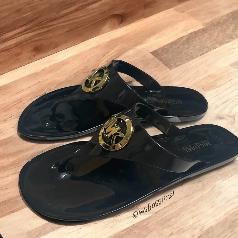 Michael Kors Black Jelly Thong W/Gold MK Logo BRAND NEW NEVER WORN